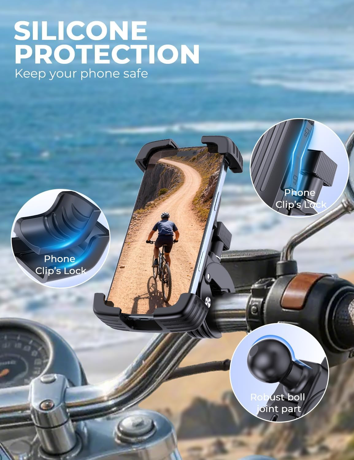 Bike Phone Holder Mount, Motorcycle Phone Mount, 360° Adjustable Phone Holde Mount for Bike and Motorcycle, Shockproof & Anti-Shake Design, Fits 4.7–7” Smartphones (Black)