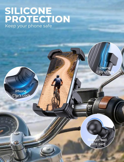 Bike Phone Holder Mount, Motorcycle Phone Mount, 360° Adjustable Phone Holde Mount for Bike and Motorcycle, Shockproof & Anti-Shake Design, Fits 4.7–7” Smartphones (Black)