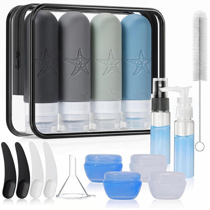18 Pack Travel Bottles for Toiletries - TSA Approved, Triple Leak Proof Silicone Set, 3Oz Refillable Travel Essentials Kit for Shampoo, Conditioner, Lotion & More, Gray, BPA Free