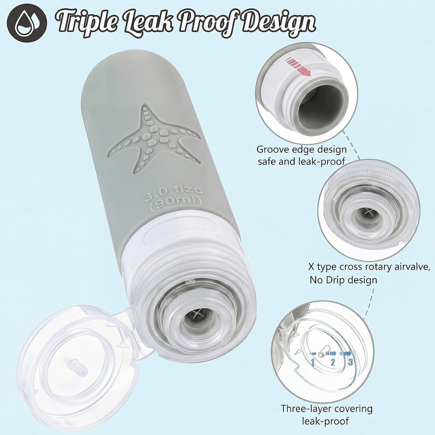 18 Pack Travel Bottles for Toiletries - TSA Approved, Triple Leak Proof Silicone Set, 3Oz Refillable Travel Essentials Kit for Shampoo, Conditioner, Lotion & More, Gray, BPA Free