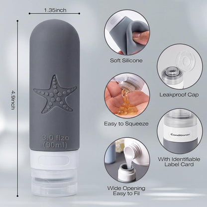 18 Pack Travel Bottles for Toiletries - TSA Approved, Triple Leak Proof Silicone Set, 3Oz Refillable Travel Essentials Kit for Shampoo, Conditioner, Lotion & More, Gray, BPA Free