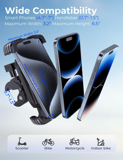 Bike Phone Holder Mount, Motorcycle Phone Mount, 360° Adjustable Phone Holde Mount for Bike and Motorcycle, Shockproof & Anti-Shake Design, Fits 4.7–7” Smartphones (Black)